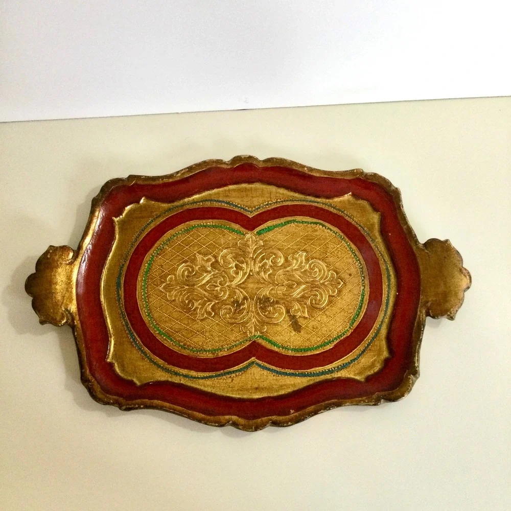 Vintage Florentine Wood Tray Gold Leaf Red Hand Painted Italian Scalloped 13.5in